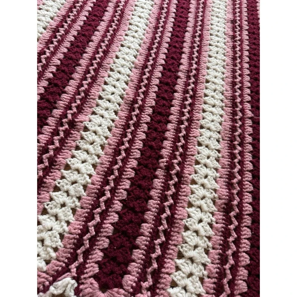 Handmade Red, Pink White Knitted Crocheted Throw Blanket Size 48x64
